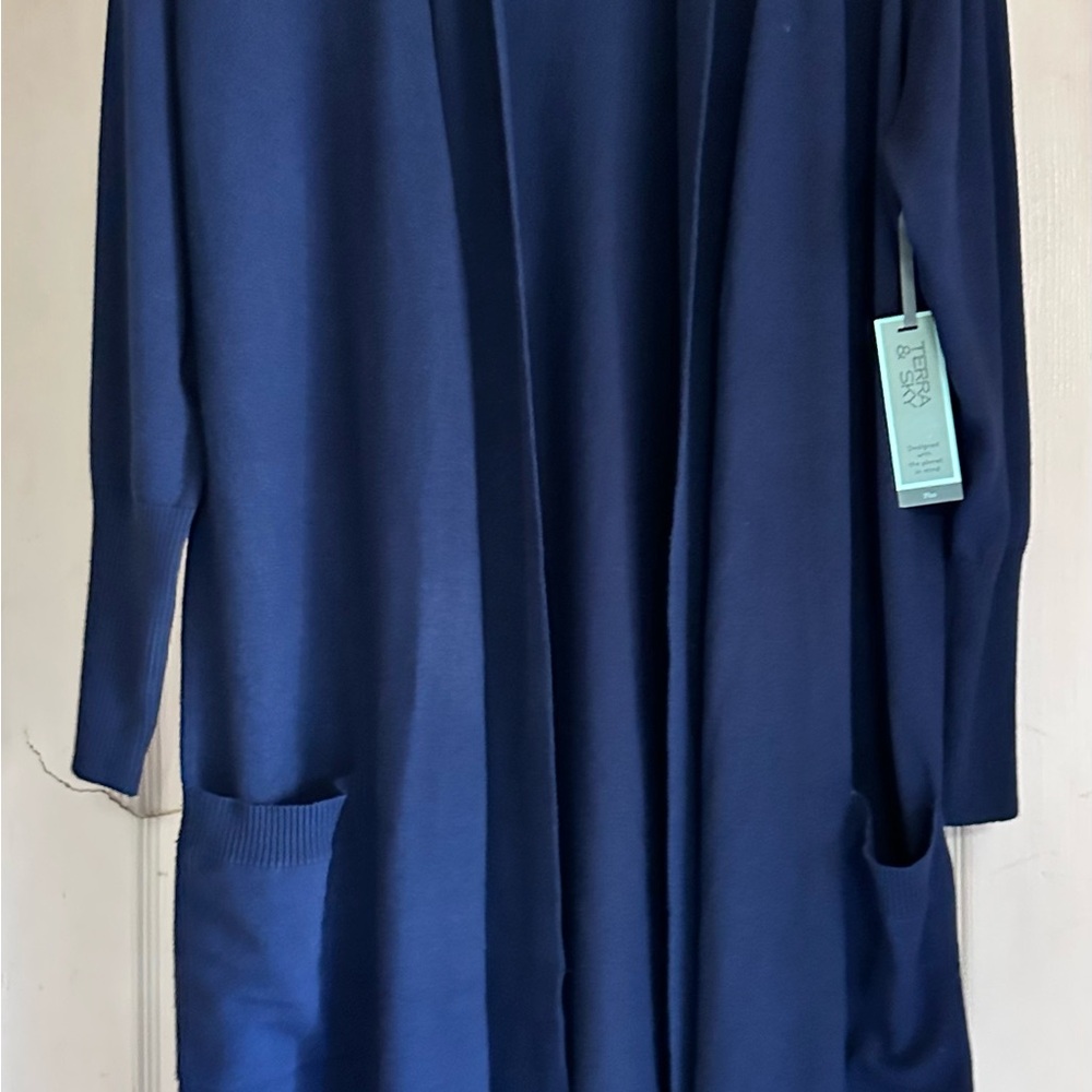 Terra & Sky Navy Blue Open Front Cardigan goes to knees look at photos